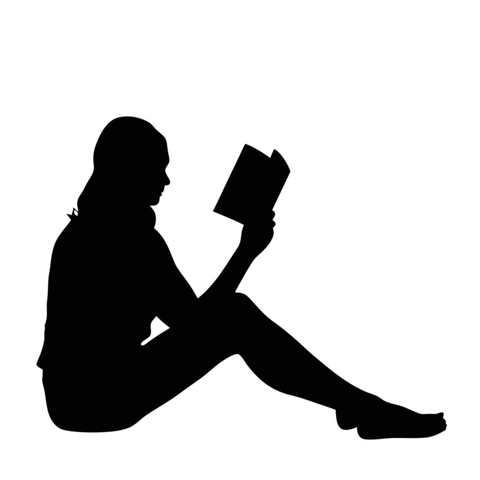 Silhouette Of A Woman Sitting And Reading A Book On White Background vector