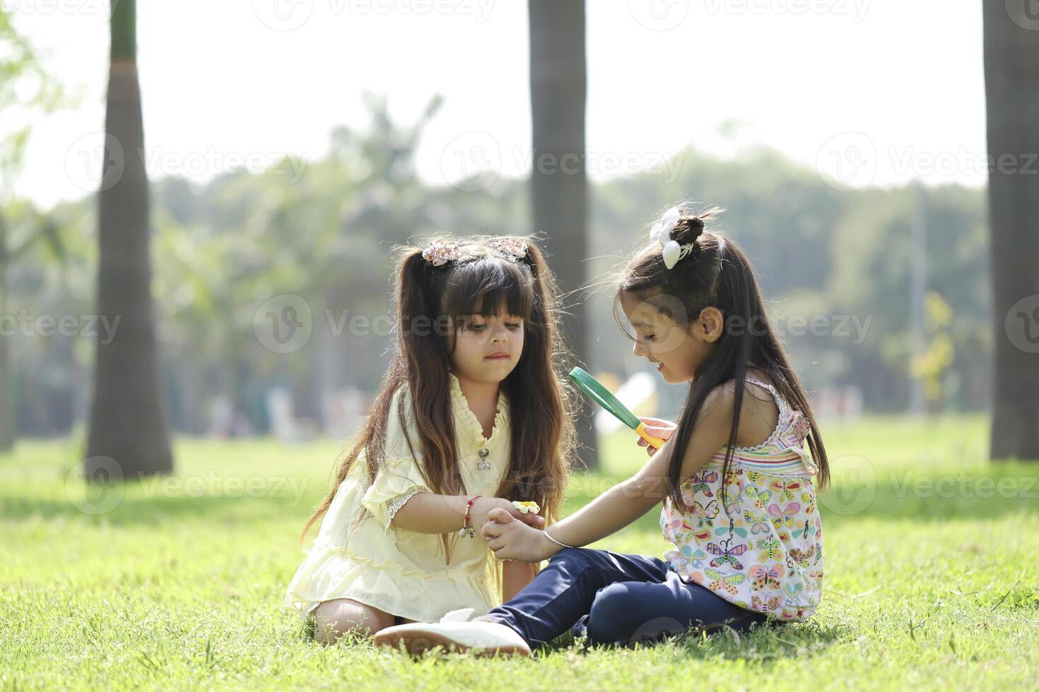 Two Girls Sitting In The Park Exploring The Flower photo