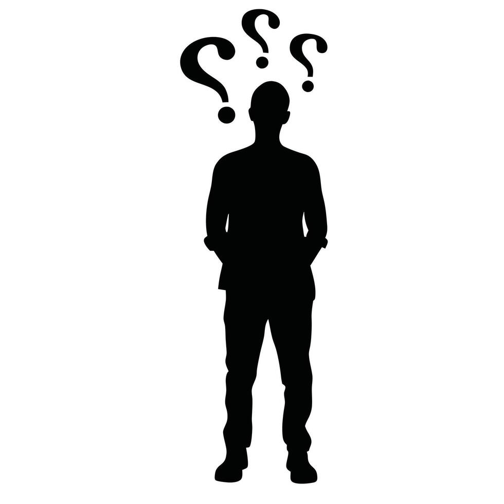 Silhouette Of A Man With Question Marks Symbolizing Doubt And Confusion vector