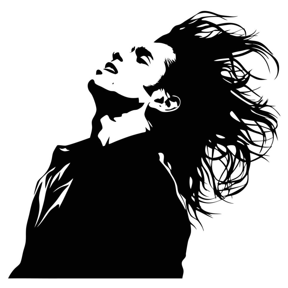 Woman With Flowing Hair In Black And White Silhouette Style Illustration vector