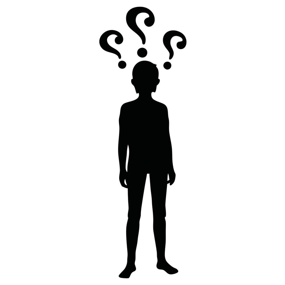 Silhouette Of Boy Standing Under Three Question Marks Illustration vector