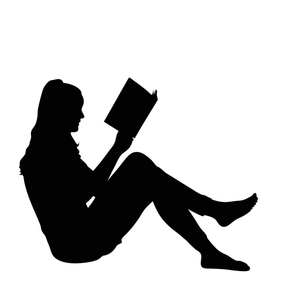 Woman Reading A Book Silhouette Relaxing Outdoors Black And White Illustration vector