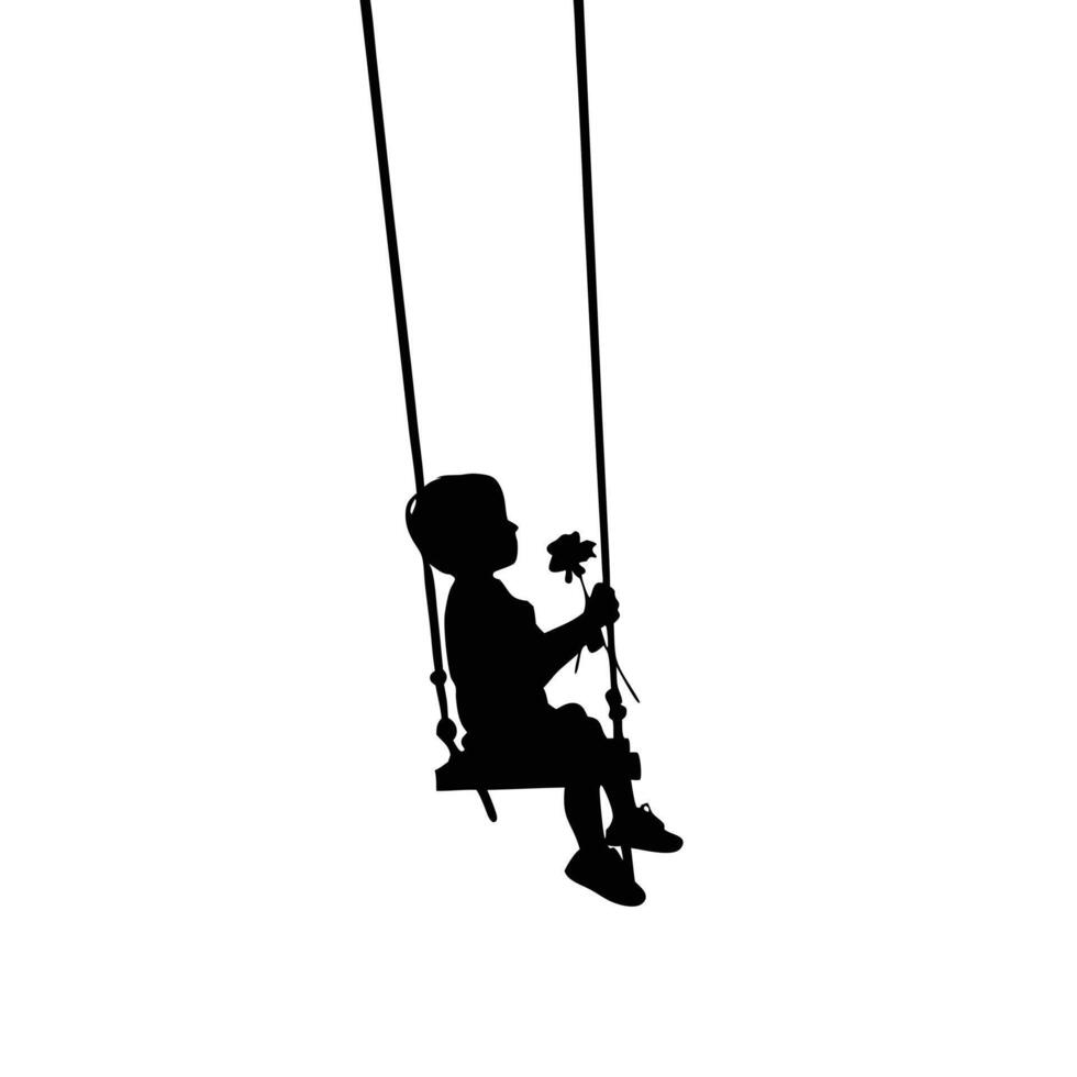 Silhouette Of Child On Swing Holding Rose Illustration Graphic vector