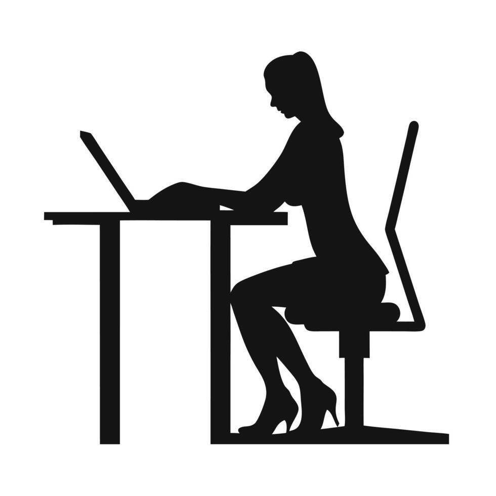 Silhouette Of Businesswoman Working On Laptop At Office Desk In Monochrome Style vector