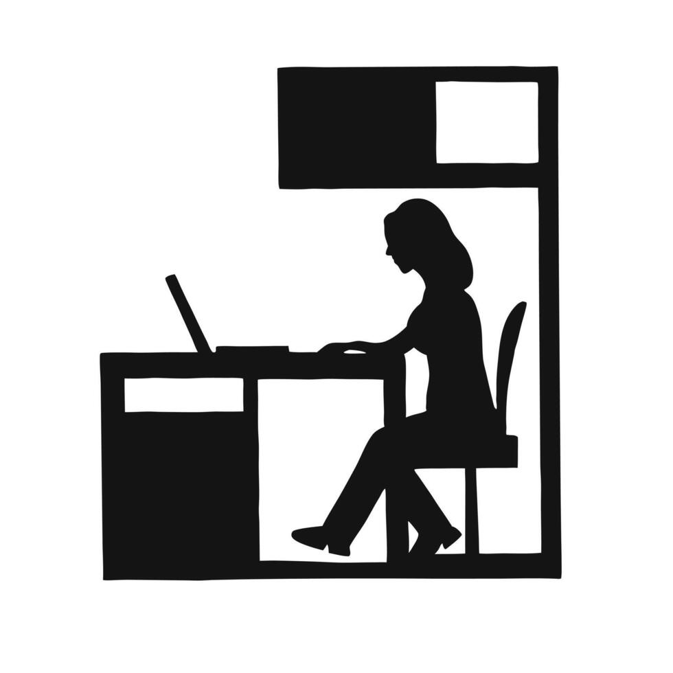 Silhouette Of Woman Working At Desk On Laptop In Office Setting vector