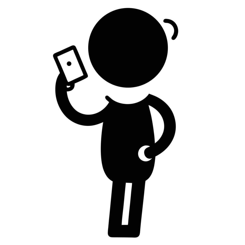 Stick Figure Character Talking On Smartphone Simple Black And White Illustration vector
