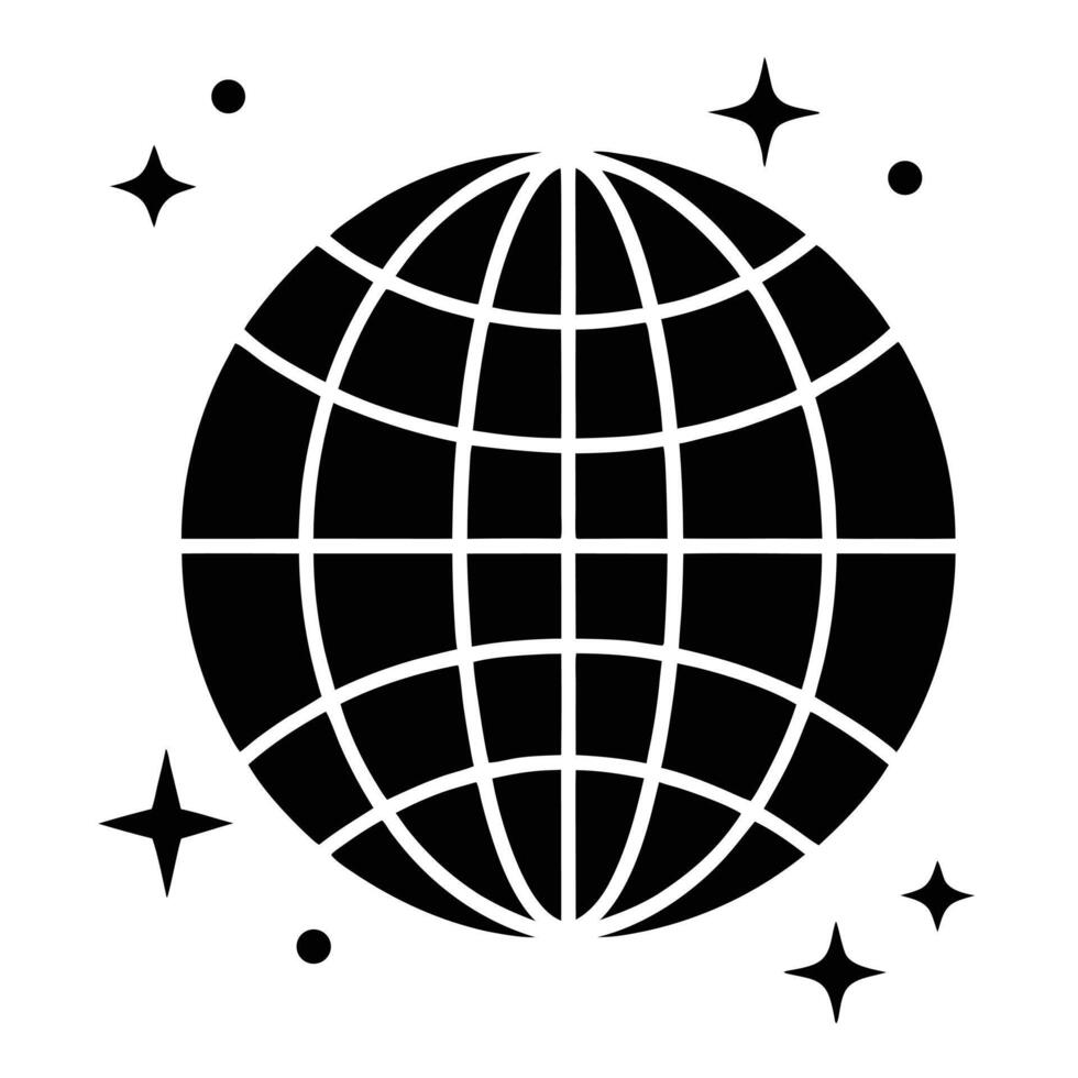 Black Globe Grid With Stars And Dots Shining Symbol Concept vector