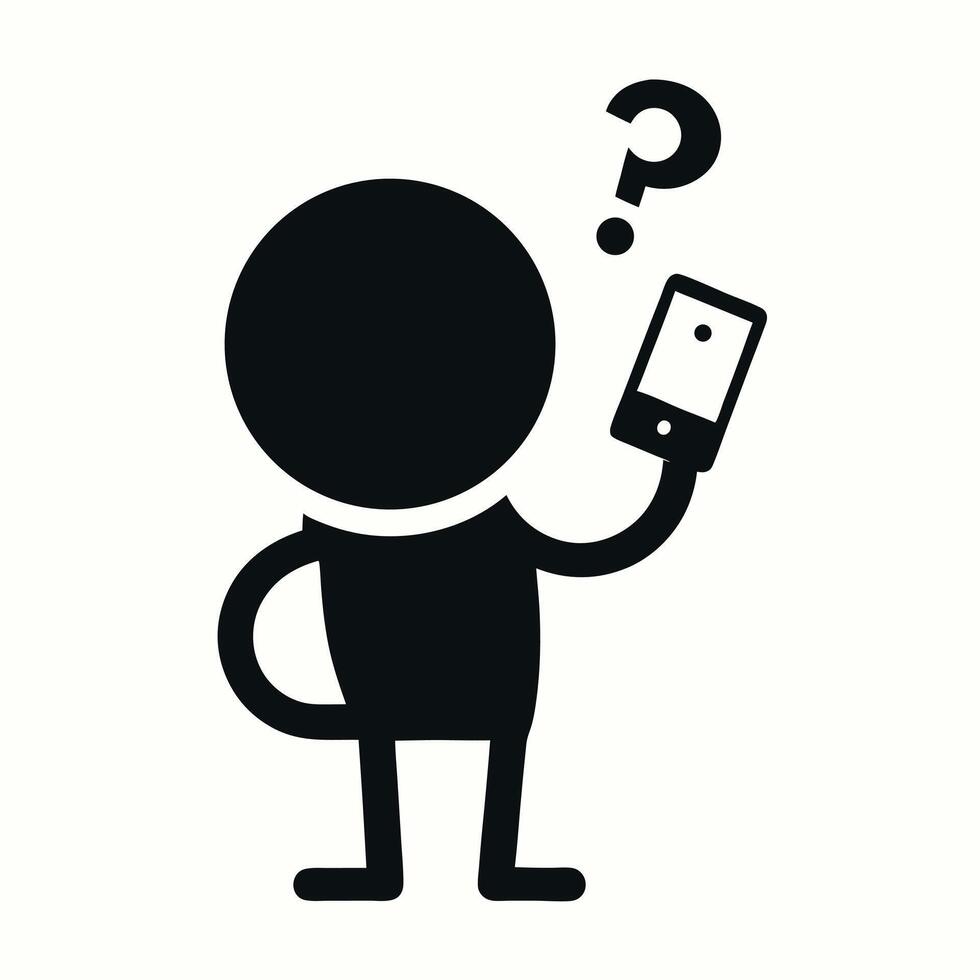 Confused Stick Figure Holding Smartphone With Question Mark Above Head Cartoon Design vector
