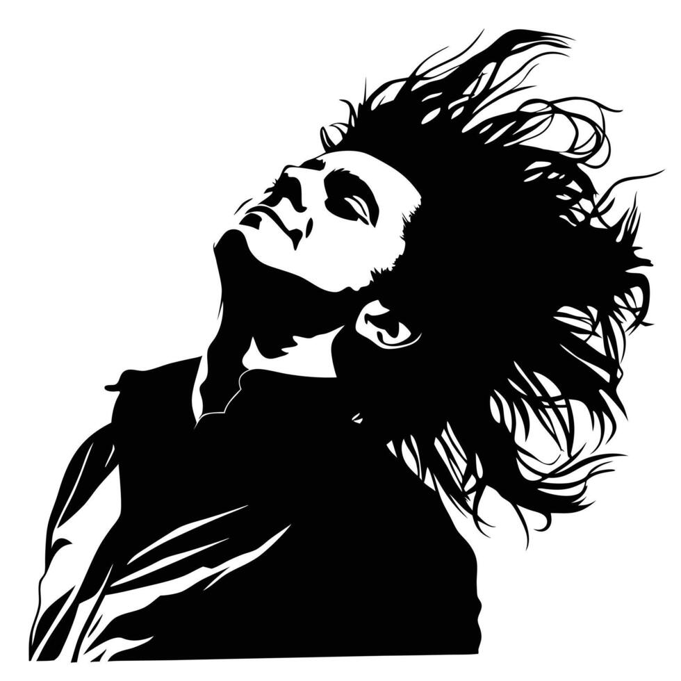Dramatic Black And White Portrait Of Man With Flowing Hair Illustration vector