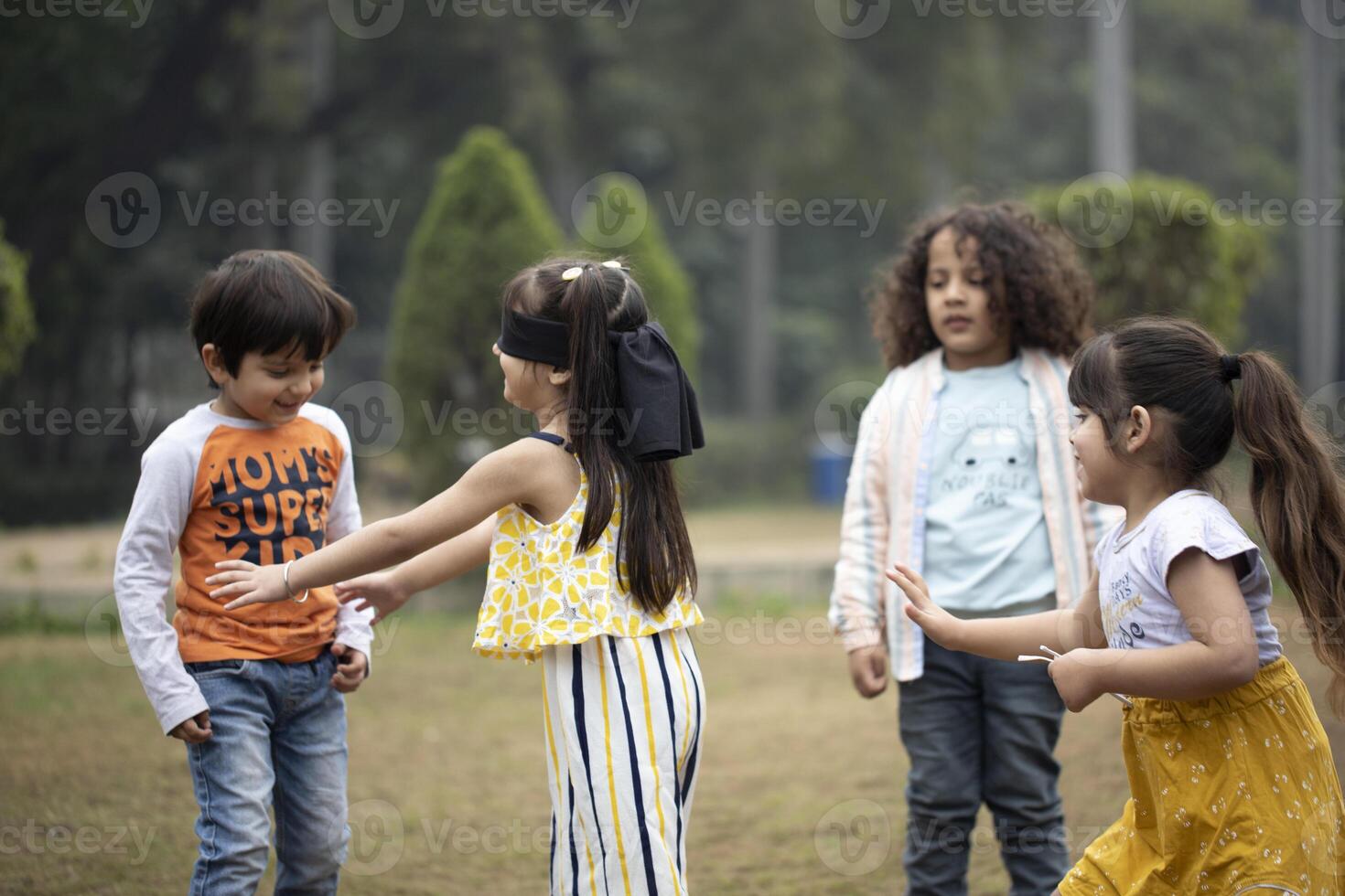 Blind Folded Girl Catching Her Friends During Game photo