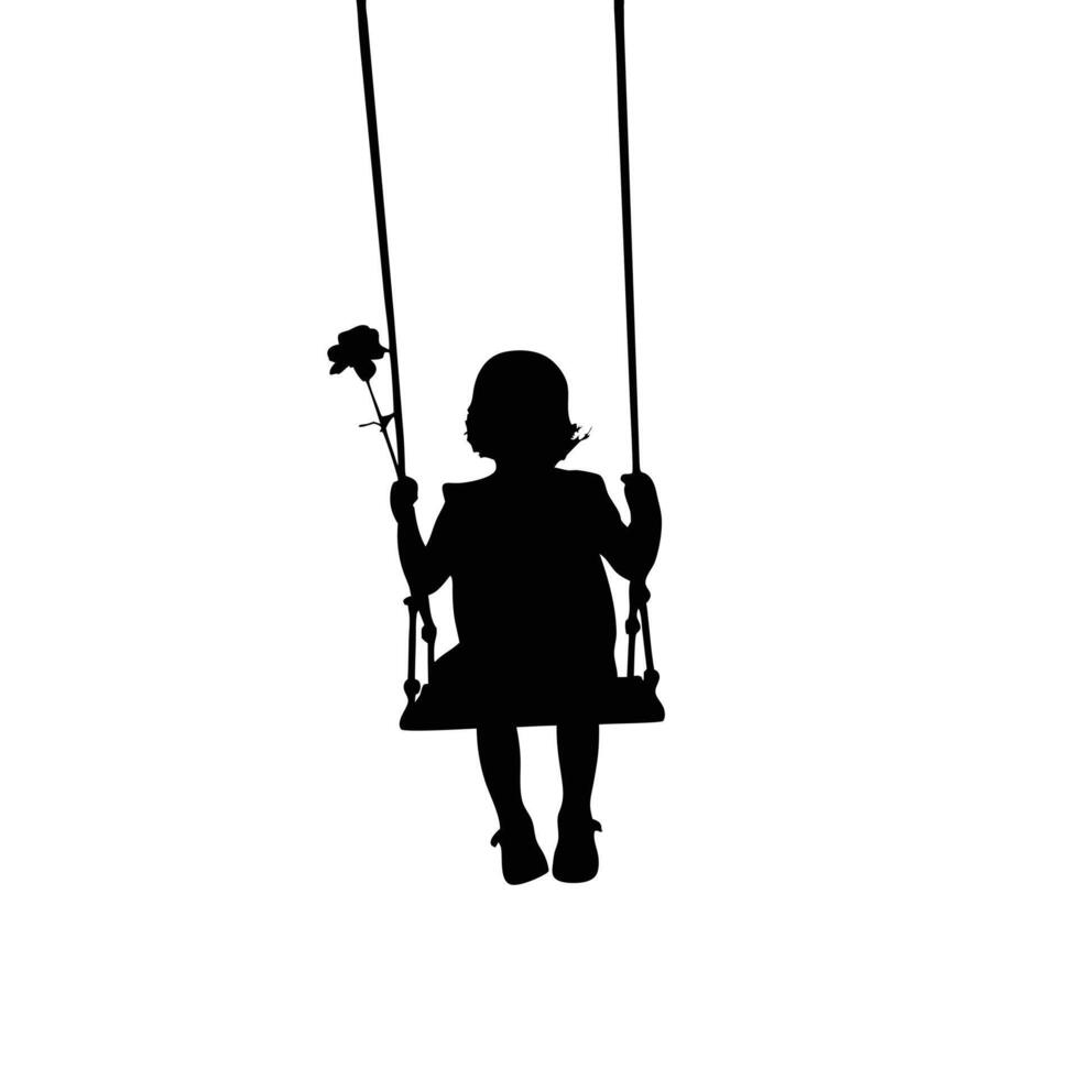 Girl On Swing Silhouette With Rose Flower In Hand Child Portrait vector