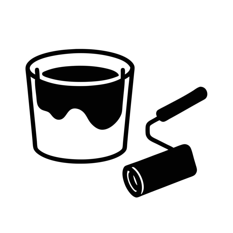 Black And White Icon Of Paint Bucket And Roller For Home Improvement vector