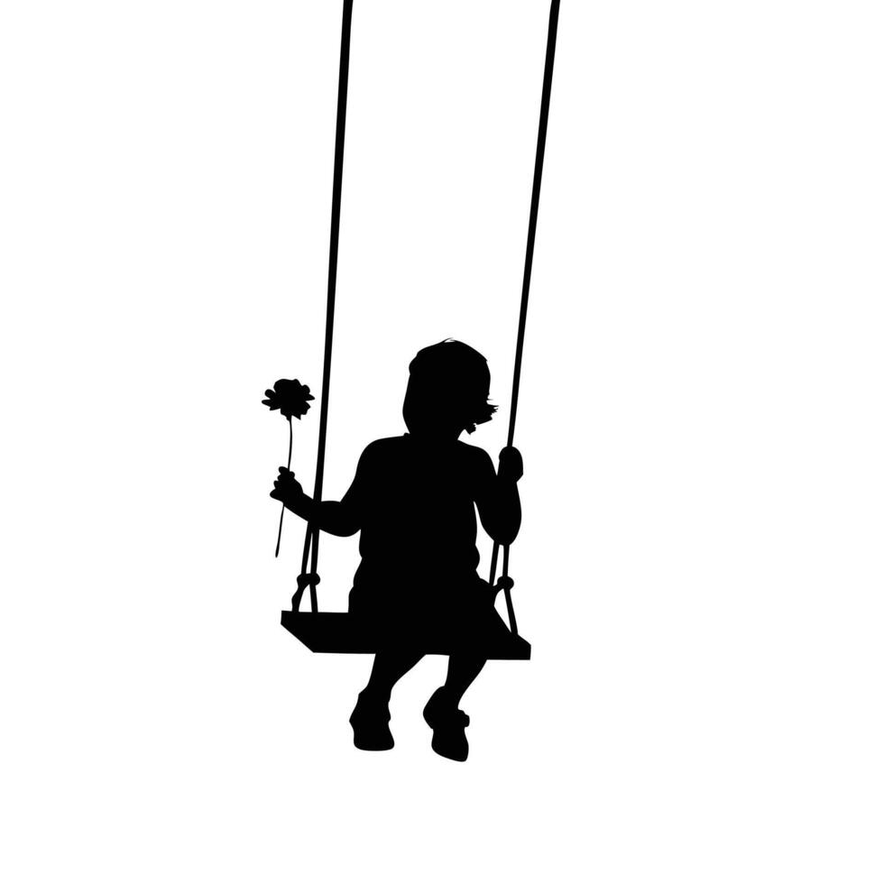 Silhouette Of A Girl On A Swing Holding A Flower In Summer vector
