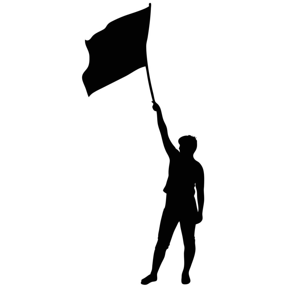 Silhouette Of A Man Holding Up A Flag Symbolizing Victory And Freedom vector