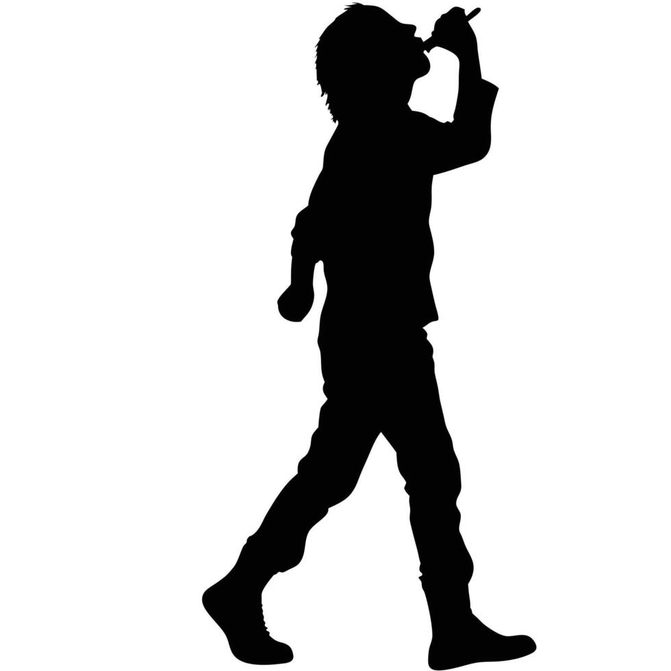 Silhouette Of Young Man Walking And Drinking From Bottle In Black And White vector
