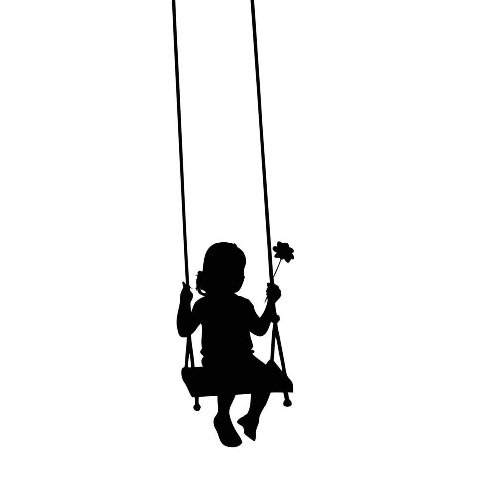 Silhouette Of Young Girl On Swing Holding Flower In Hand Serene vector