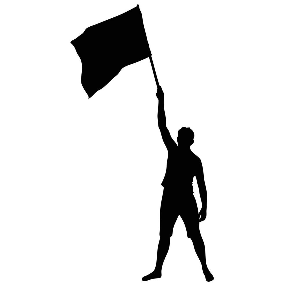 Silhouette Of A Man Holding A Flag In The Air Celebrating Victory vector