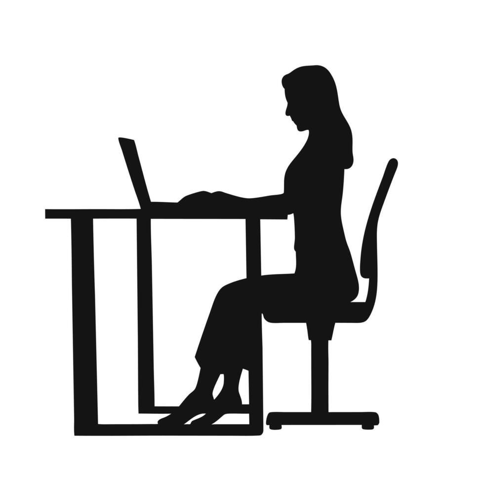 Silhouette Of Woman Working On Laptop At Desk In Minimalistic Style vector