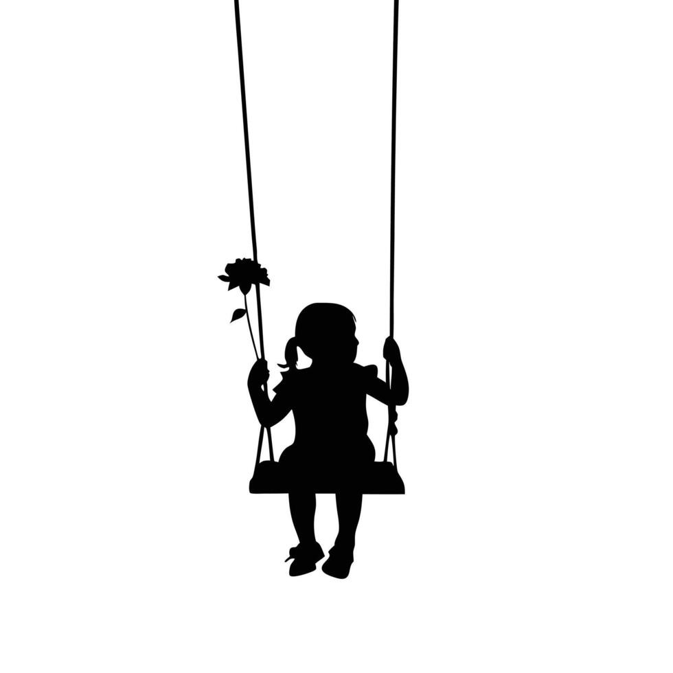 Little Girl Silhouette On Swing Holding Flower Artistic Minimalist vector
