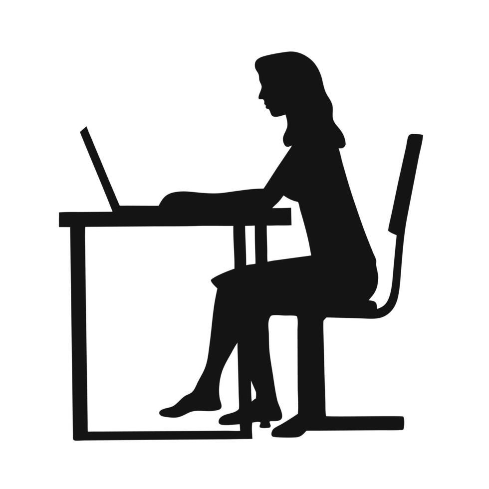 Woman Silhouette Working On Laptop Computer At Desk In Office Illustration vector