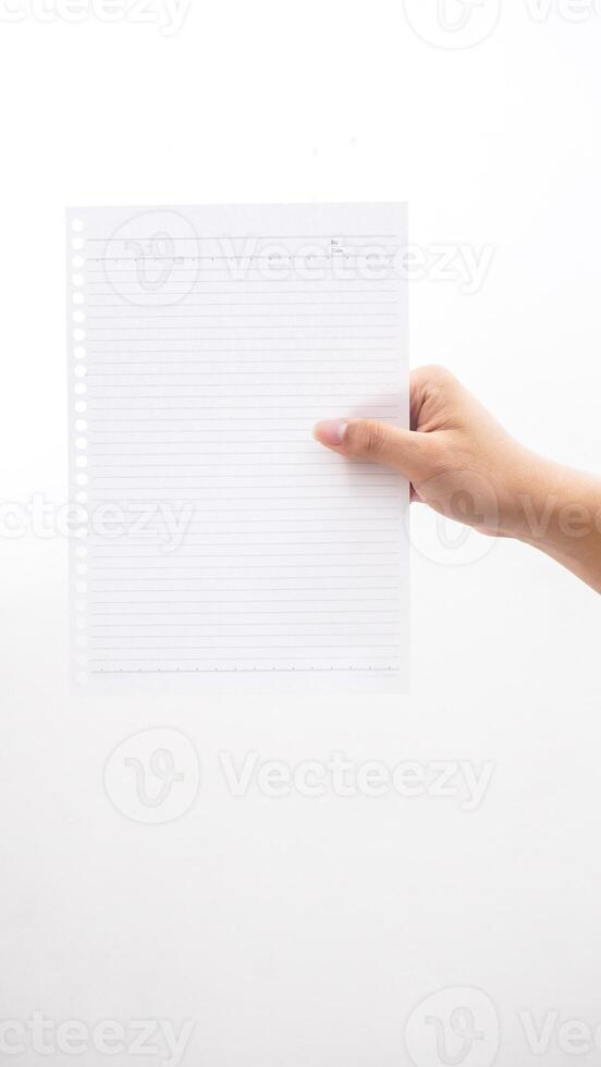 Man hand holding blank stripped paper isolated on white background photo