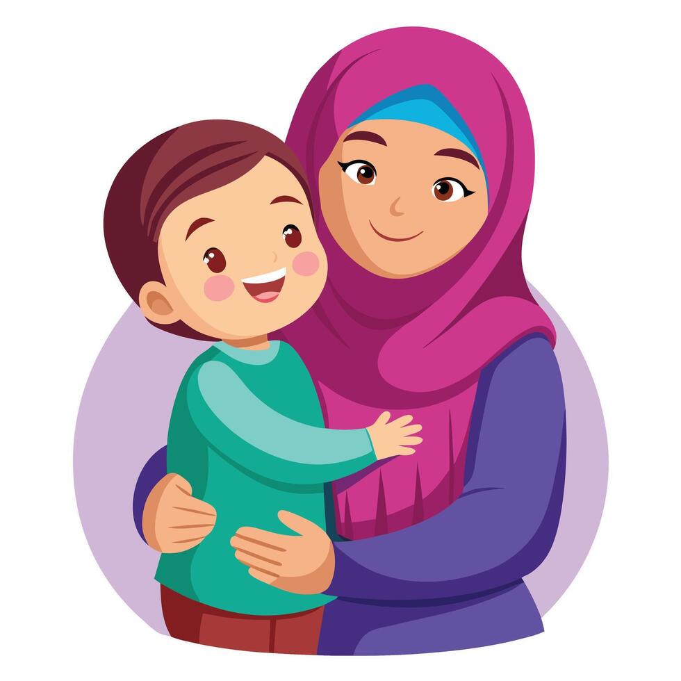 Muslim Mother Hugging Her Son vector
