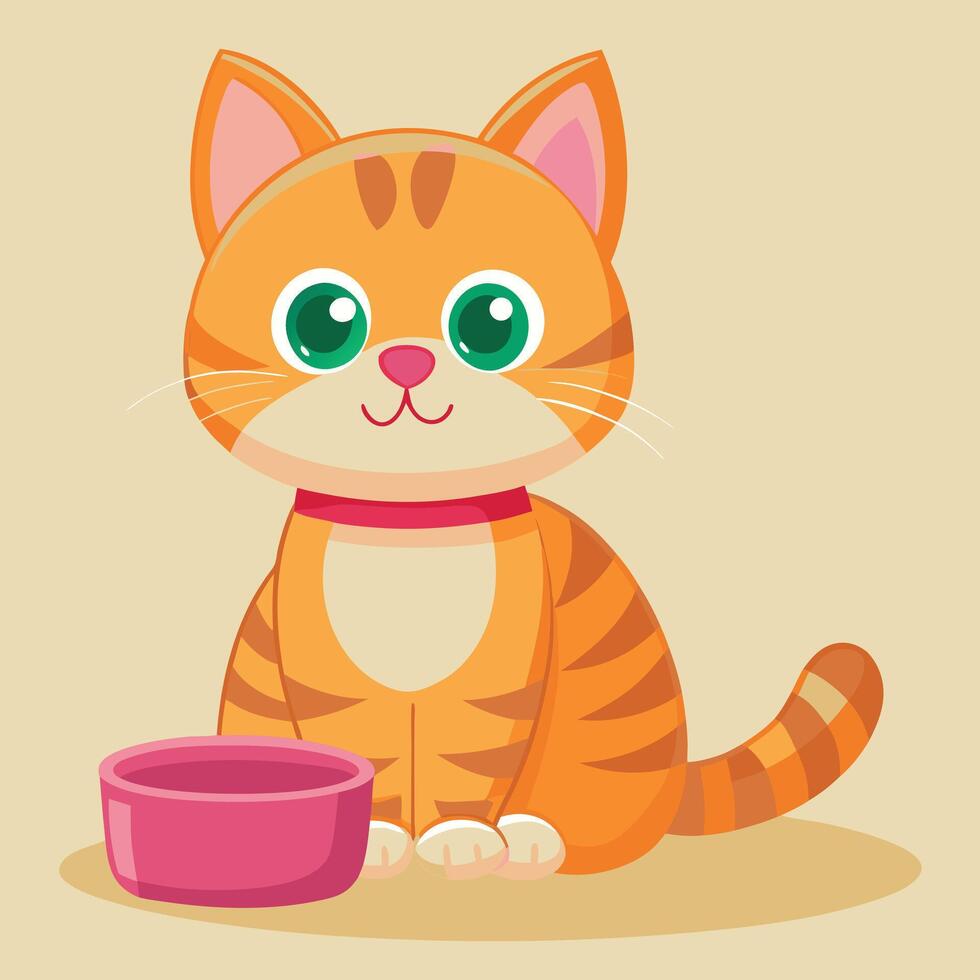 Cartoon Ginger Cat Sitting With Bowl vector