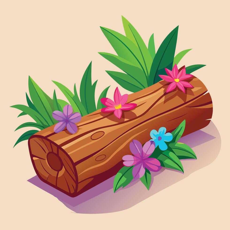 Cartoon Log With Colorful Flowers Illustration vector