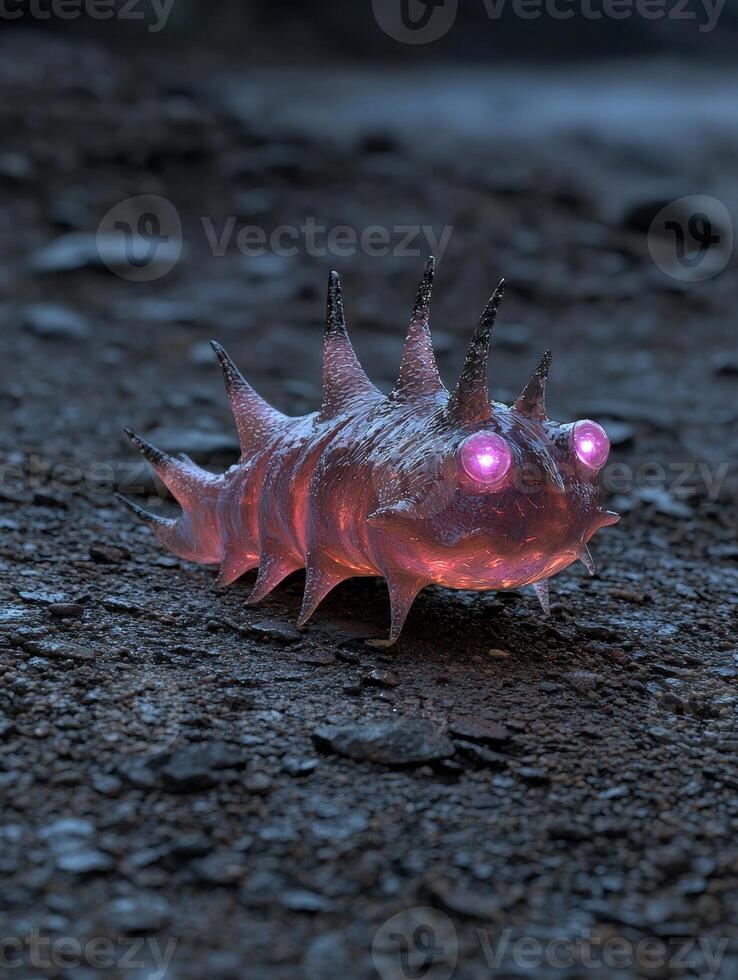 An alien larva with glowing eyes crawls on a rocky surface photo