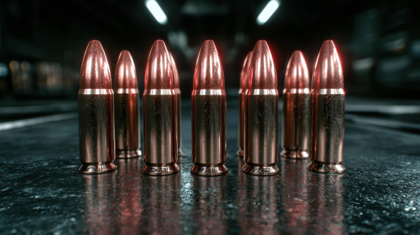 some ammunition lined up on a dark surface. photo