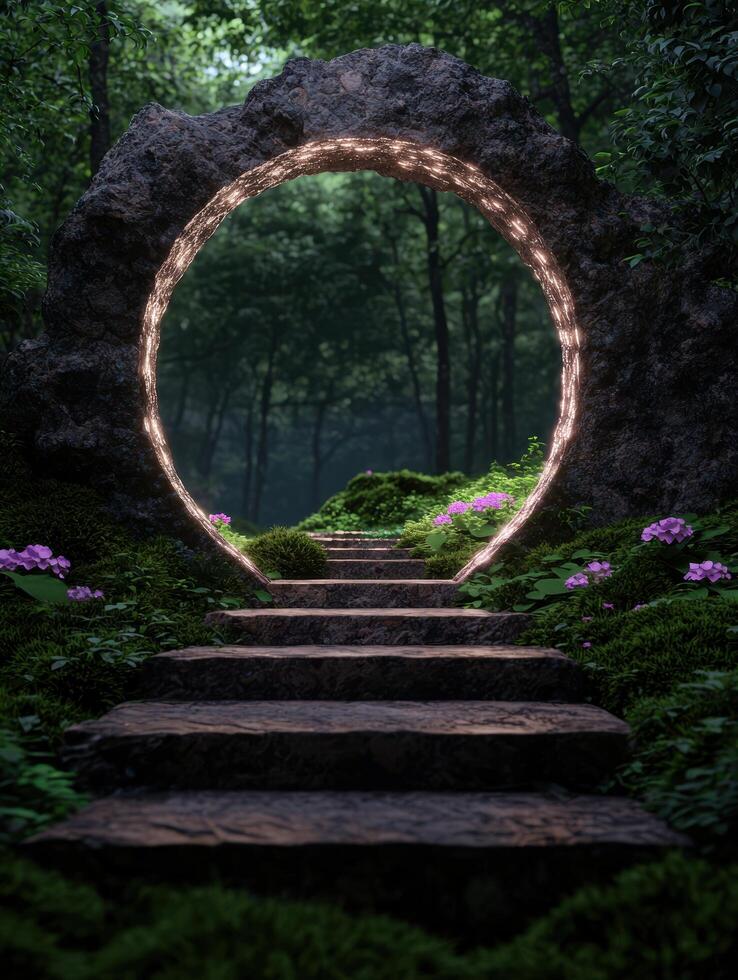 Magical portal in a lush forest with stone steps leading to another world photo