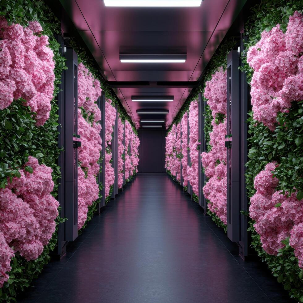 A futuristic server room with flowers growing on the server racks photo
