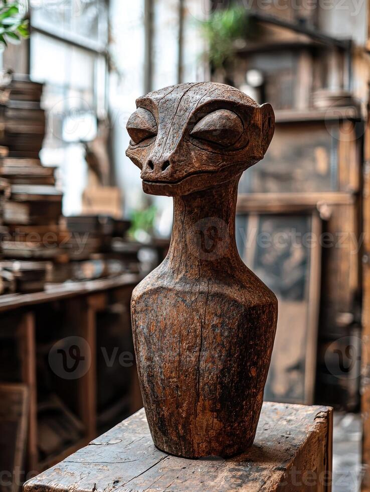 A wooden sculpture of a creature with a long neck photo