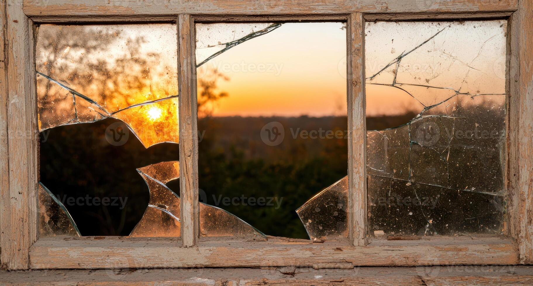 Broken window with a view of the sunset photo