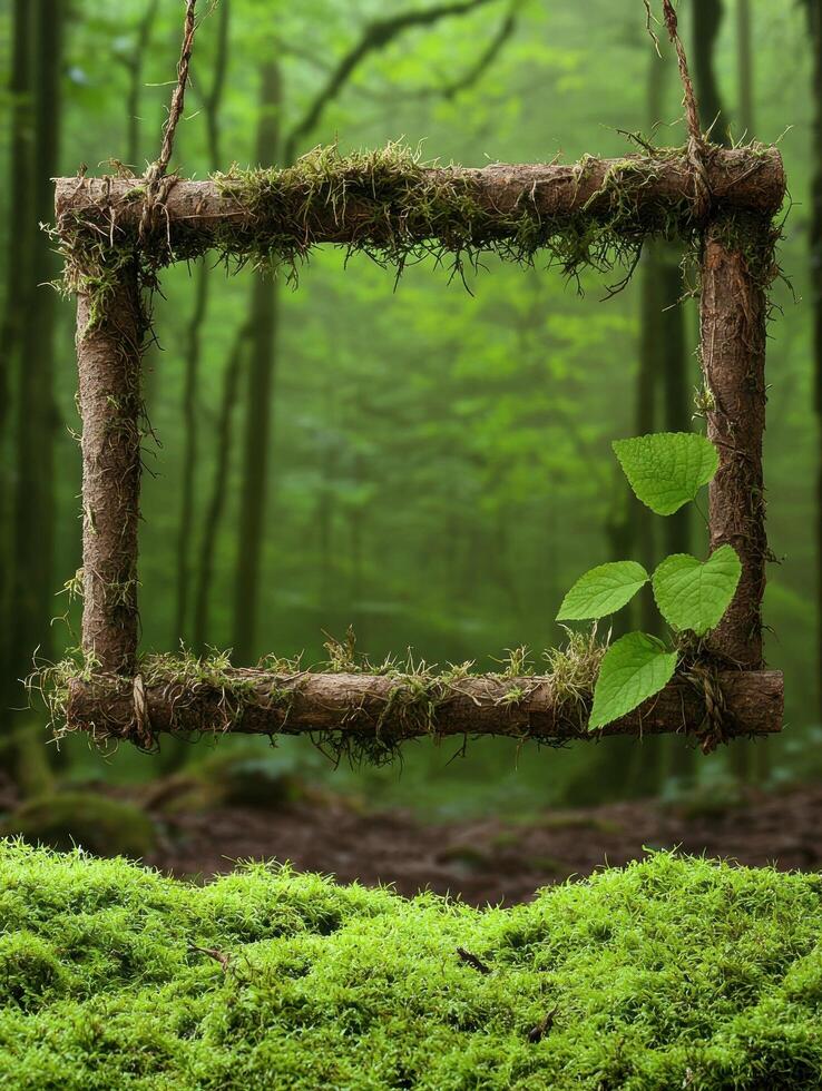 Mossy frame hanging in a lush green forest photo