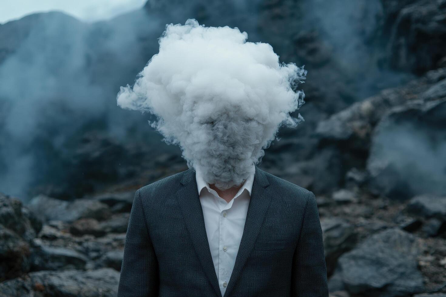 A man in a suit with a cloud for a head stands in a rocky landscape photo