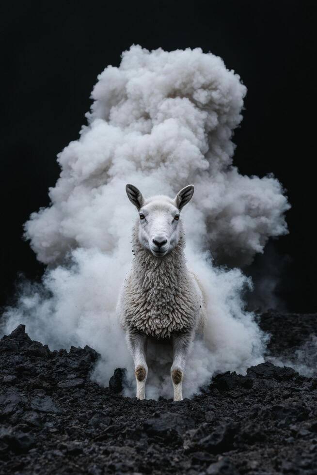 A sheep stands in a field with a large cloud of smoke behind it photo