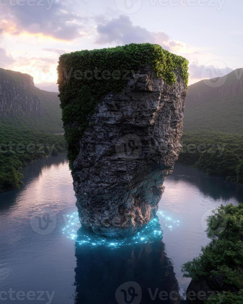 A large rock formation rises from a river, surrounded by lush greenery photo