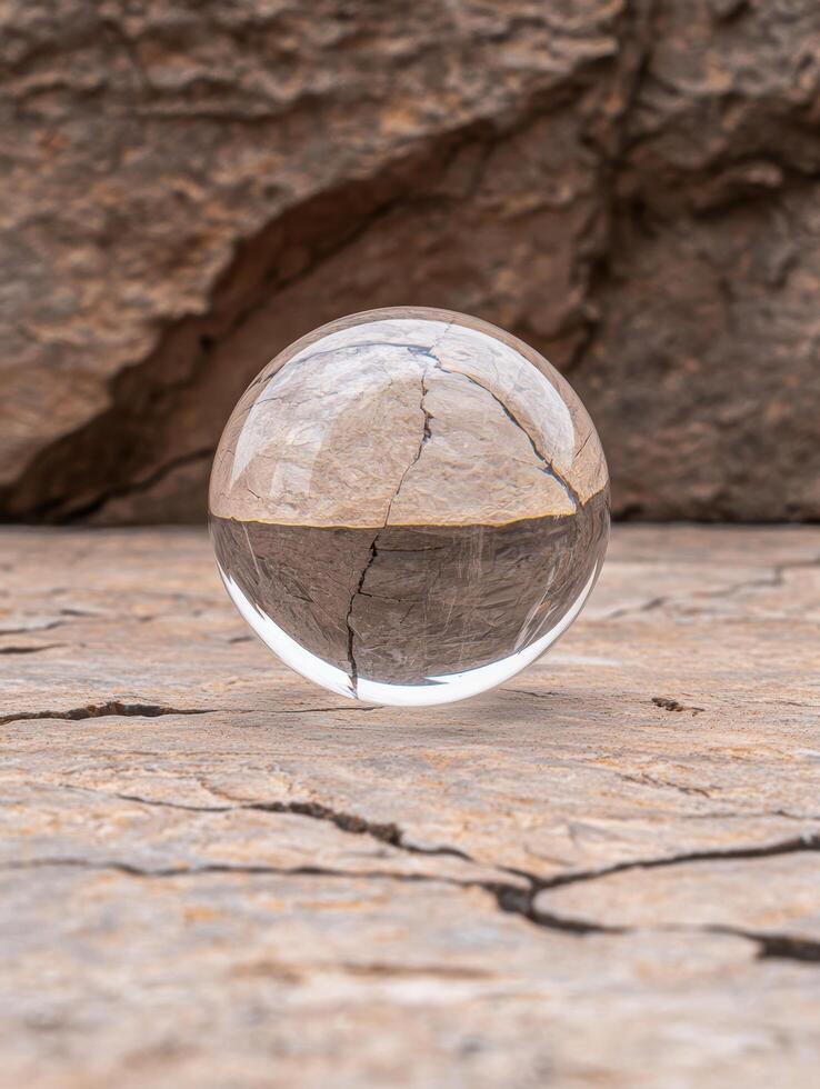 A crystal ball rests on a cracked stone surface, reflecting the surrounding rock photo