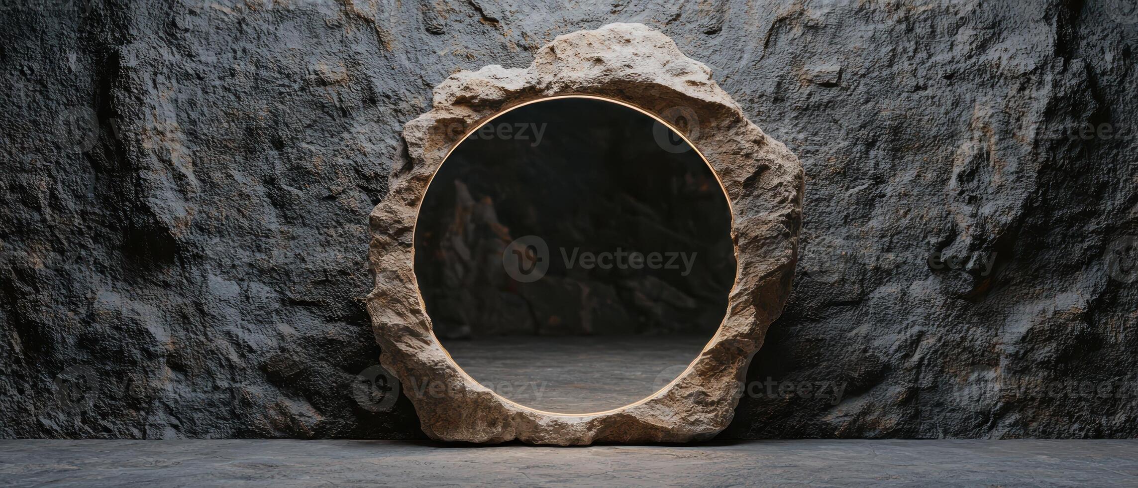 Stone mirror with golden light in a cave setting photo