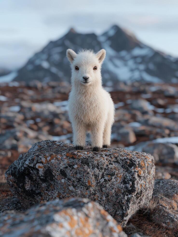 A cute baby mountain goat standing on a rock in the mountains photo