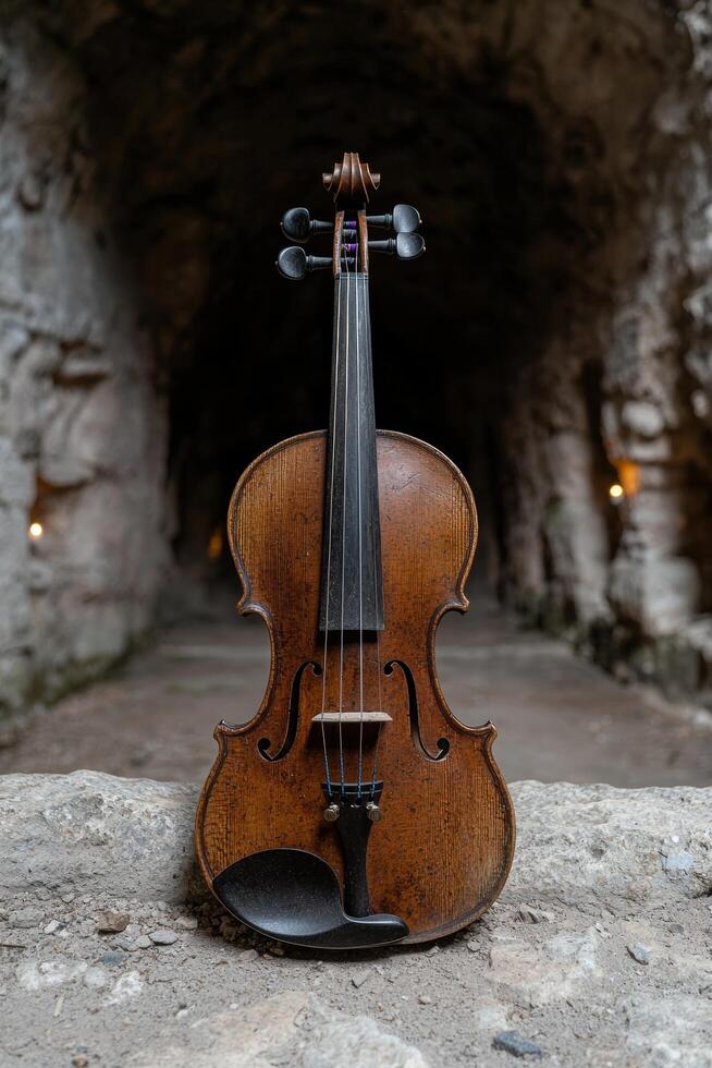 A violin rests on a stone ledge in front of a dark tunnel photo