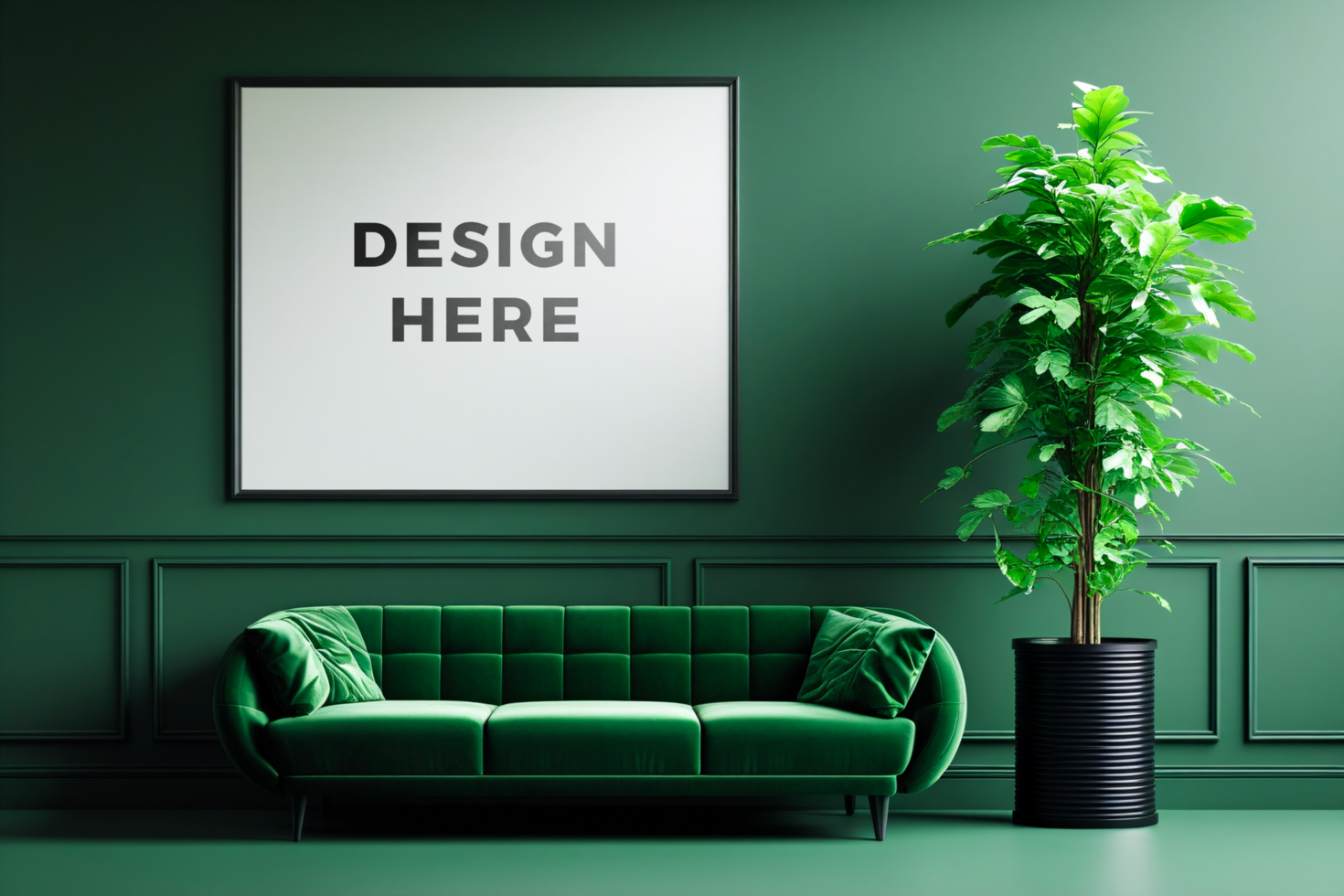 Poster frame mockup displayed on living room with dark green wall for art placement psd