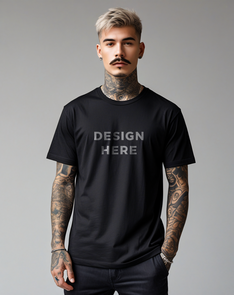 Young man with tattoo wearing black t shirt mockup standing against light gray background psd
