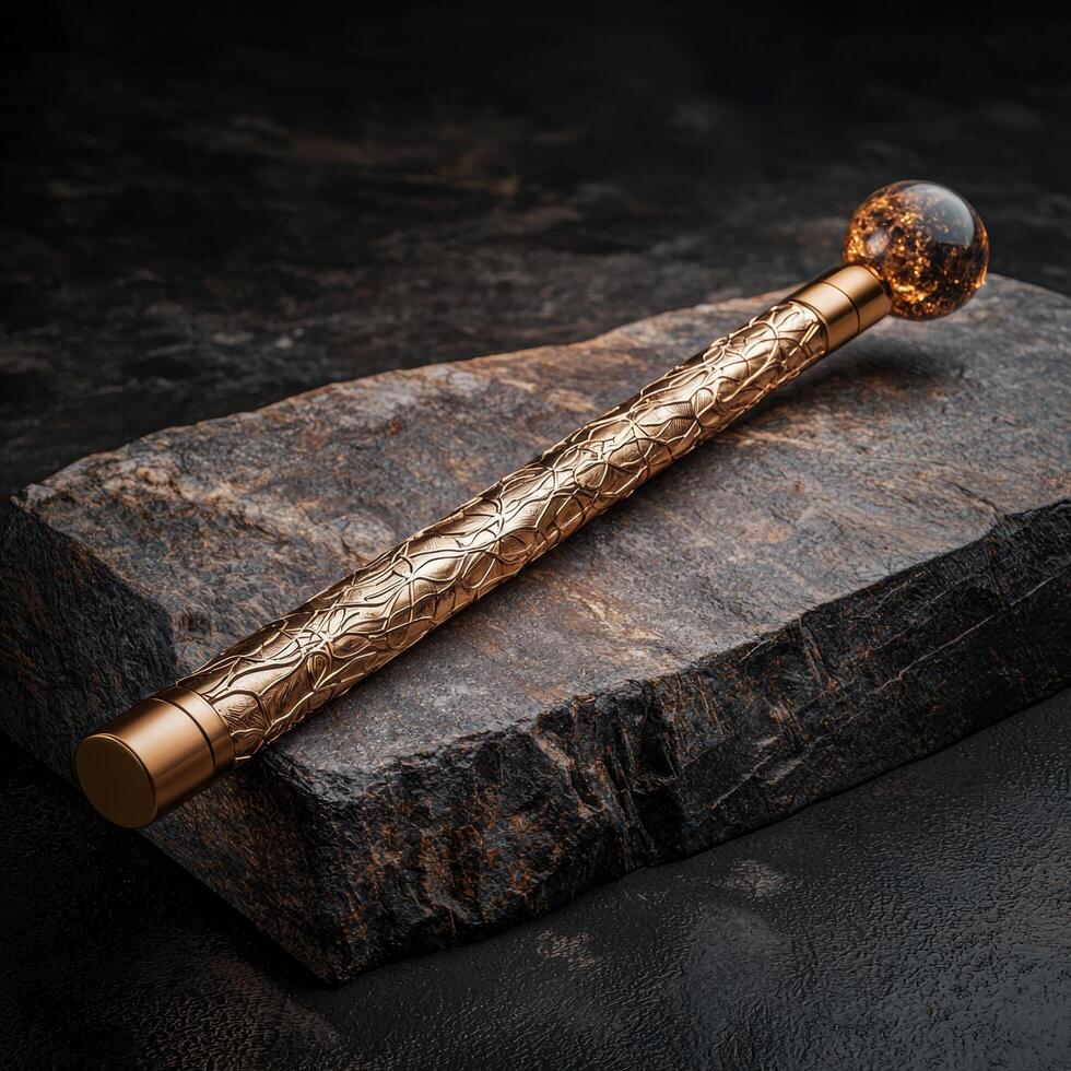 Ornate gold wand with a glowing orb on a stone surface photo