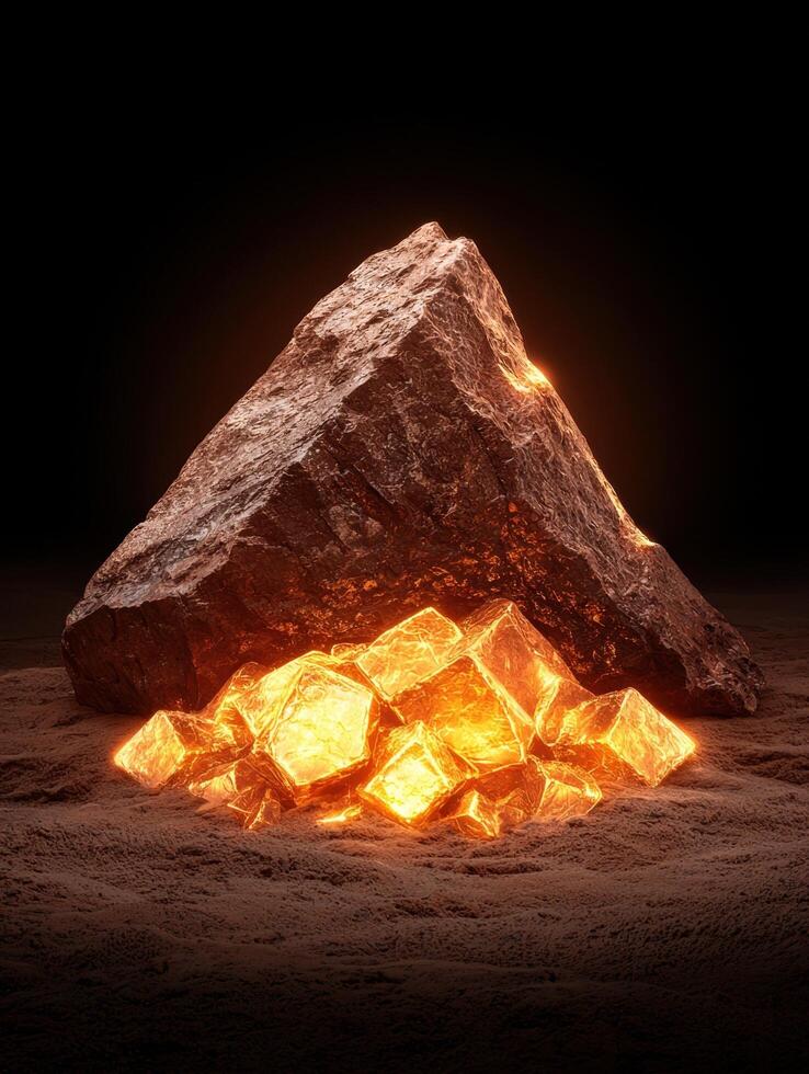 A pile of glowing gold cubes sits in front of a large rock photo