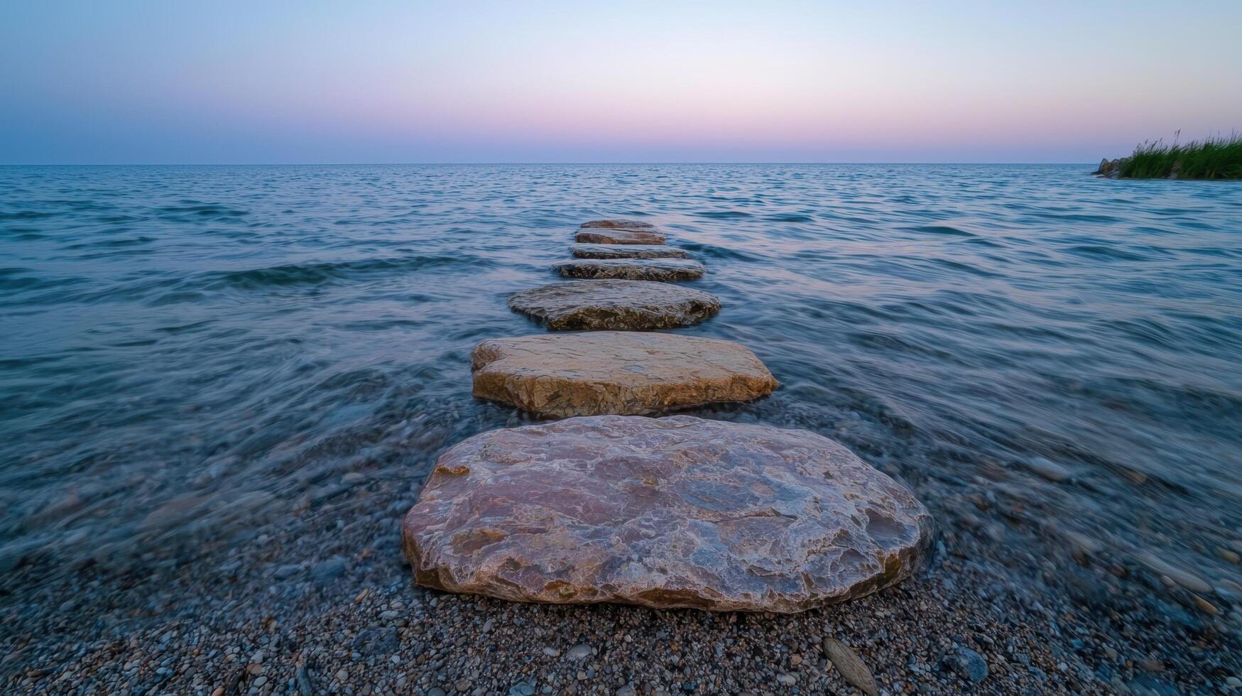 Stepping stones lead into a calm lake at dusk photo