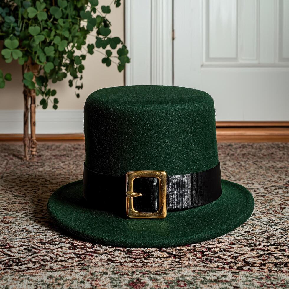 A green leprechaun hat with a gold buckle on a patterned rug photo