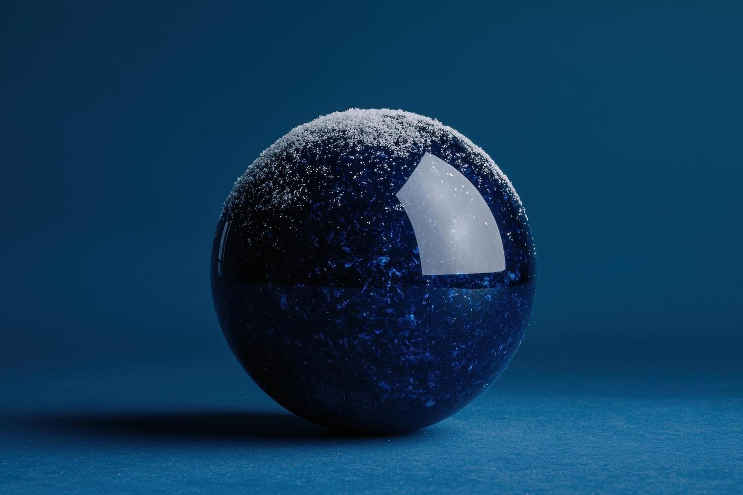 A blue sphere with snow on top against a blue background photo