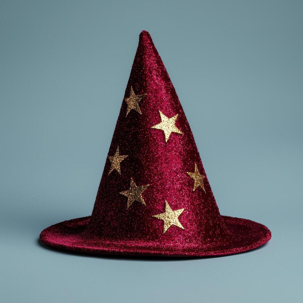 A red wizard hat with gold stars on a blue background photo